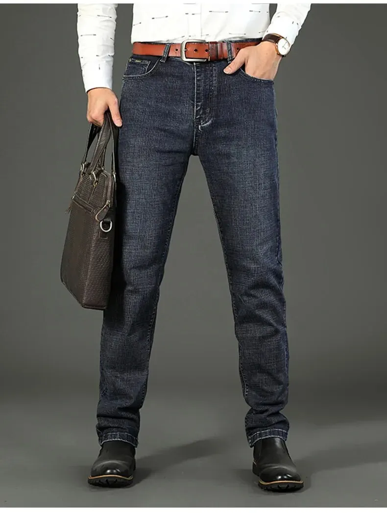 Wthinlee, nuevos pantalones vaqueros de negocios para hombres, pantalones vaqueros informales rectos el&aacute;sticos a la moda, pantalones vaqueros cl&aacute;sicos azules y negros para trabajo, ropa de marca mascu