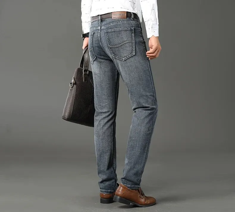 Wthinlee, nuevos pantalones vaqueros de negocios para hombres, pantalones vaqueros informales rectos el&aacute;sticos a la moda, pantalones vaqueros cl&aacute;sicos azules y negros para trabajo, ropa de marca mascu