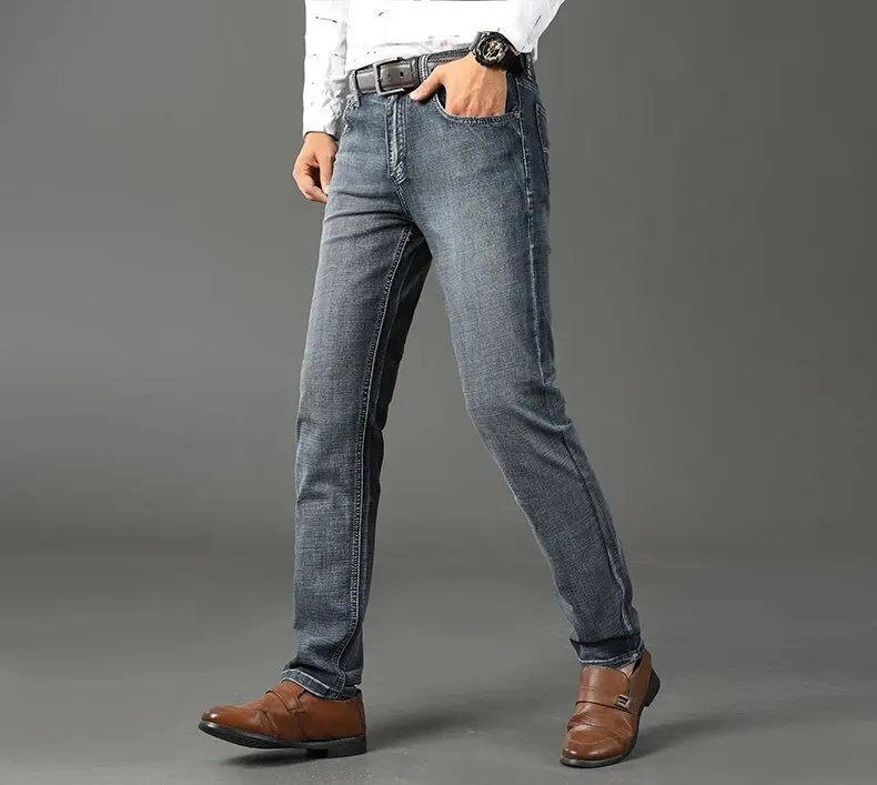 Wthinlee, nuevos pantalones vaqueros de negocios para hombres, pantalones vaqueros informales rectos el&aacute;sticos a la moda, pantalones vaqueros cl&aacute;sicos azules y negros para trabajo, ropa de marca mascu