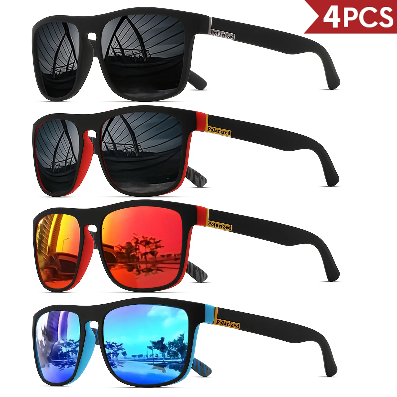 4PCSClassic Square Polarized Gafas de sol deportivas Marco de PC liviano UV400 para conducir, pescar, ciclismo Unisex Durabilidad diaria