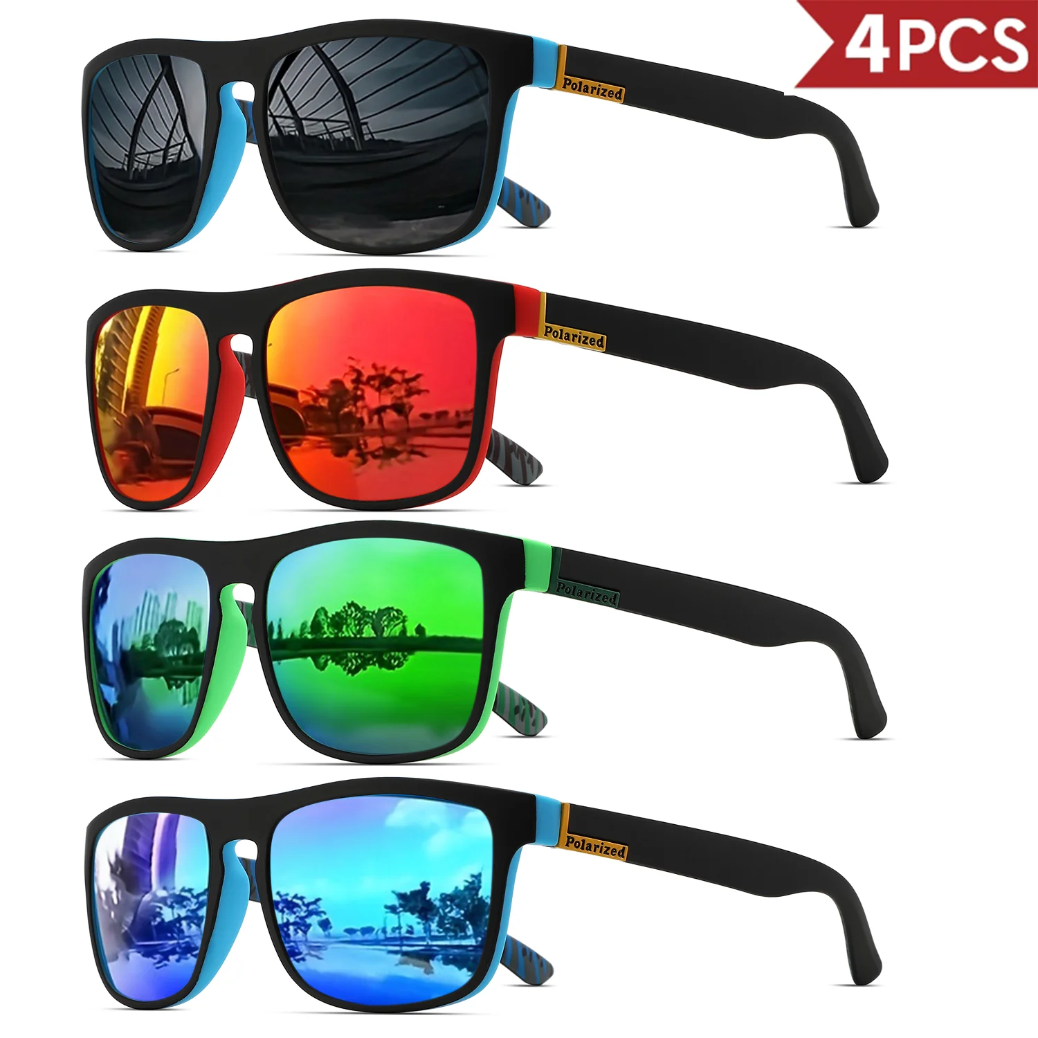 4PCSClassic Square Polarized Gafas de sol deportivas Marco de PC liviano UV400 para conducir, pescar, ciclismo Unisex Durabilidad diaria