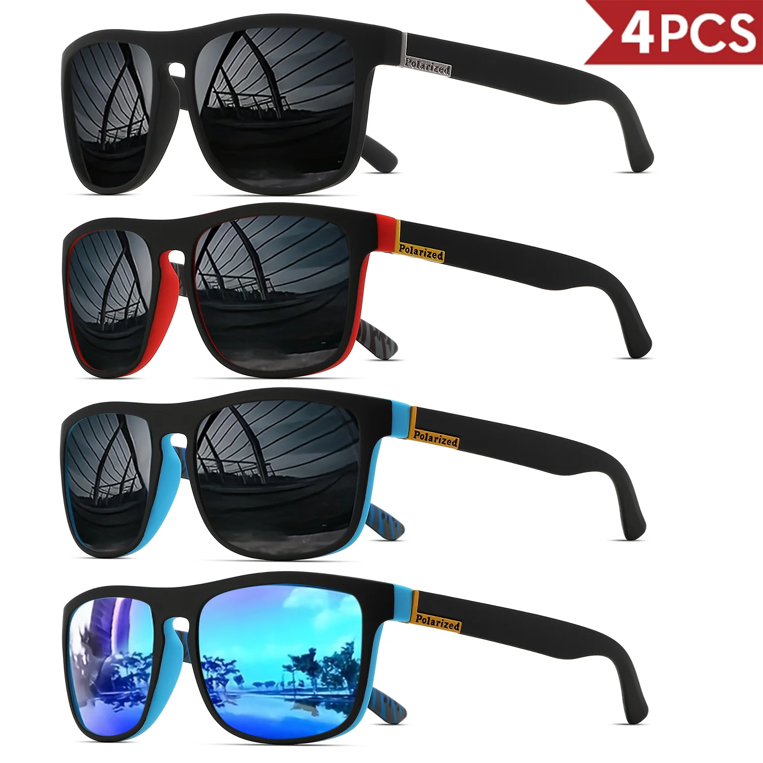 4PCSClassic Square Polarized Gafas de sol deportivas Marco de PC liviano UV400 para conducir, pescar, ciclismo Unisex Durabilidad diaria