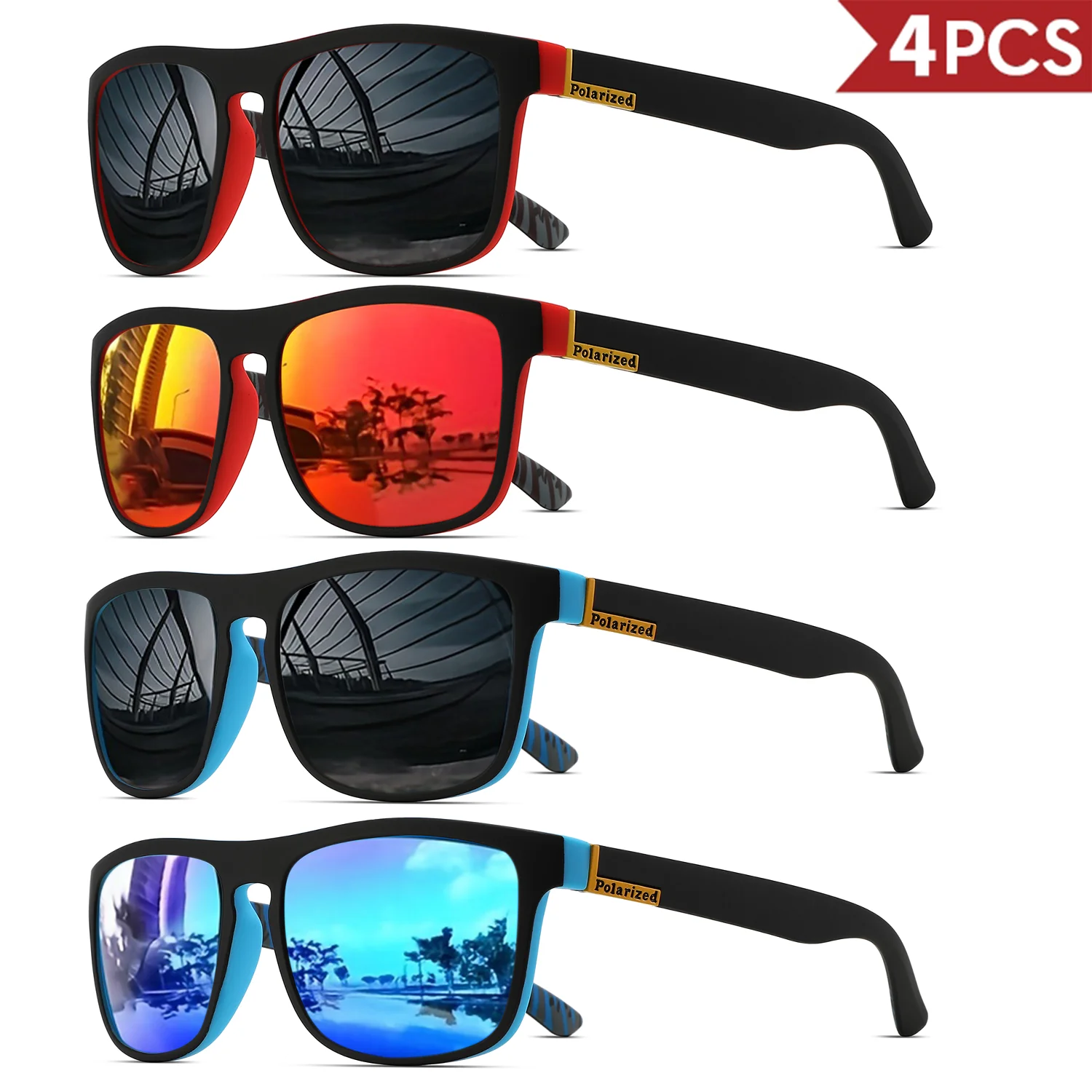 4PCSClassic Square Polarized Gafas de sol deportivas Marco de PC liviano UV400 para conducir, pescar, ciclismo Unisex Durabilidad diaria