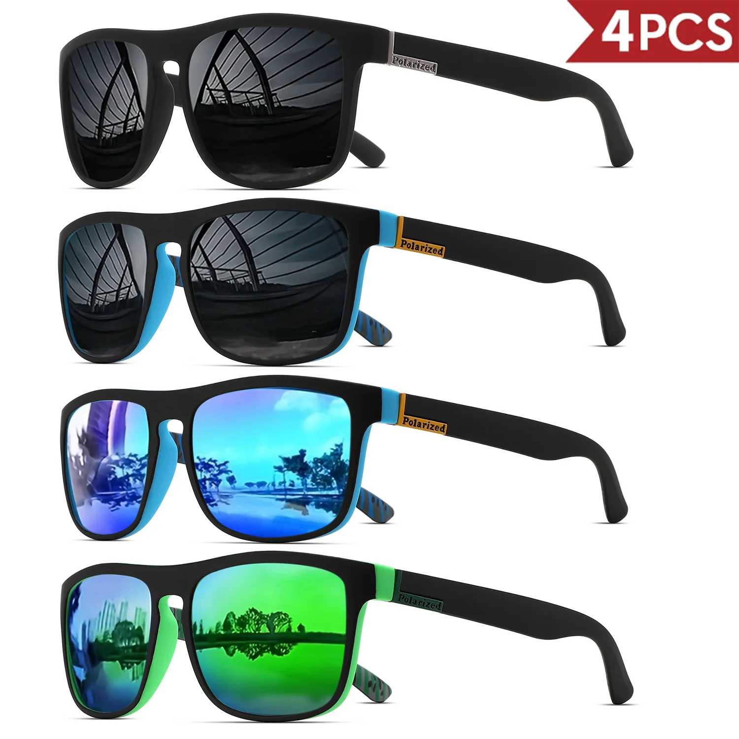 4PCSClassic Square Polarized Gafas de sol deportivas Marco de PC liviano UV400 para conducir, pescar, ciclismo Unisex Durabilidad diaria