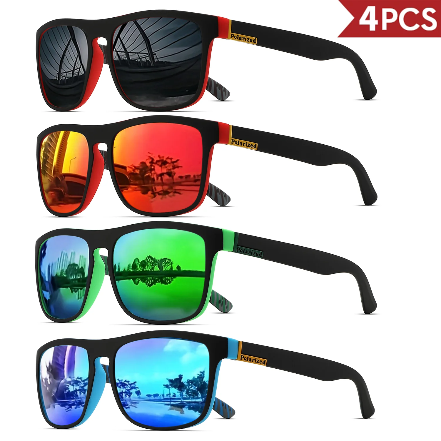 4PCSClassic Square Polarized Gafas de sol deportivas Marco de PC liviano UV400 para conducir, pescar, ciclismo Unisex Durabilidad diaria