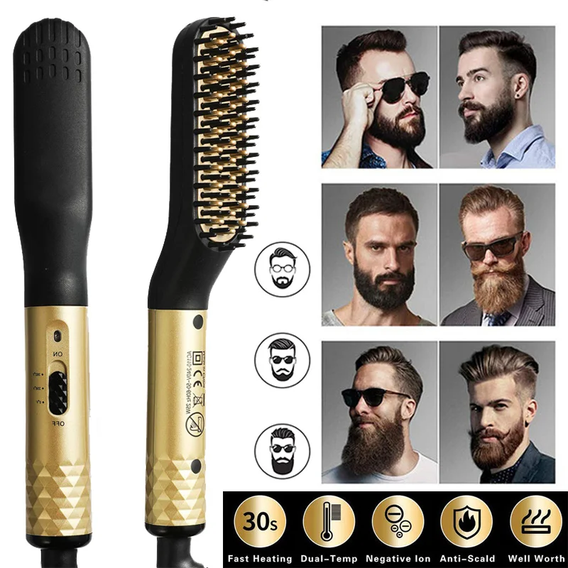 Peine alisador el&eacute;ctrico multifuncional de calentamiento r&aacute;pido para hombres, cepillo para el cuidado de la barba, alisador de barba antiescaldaduras, herramientas para el cabello