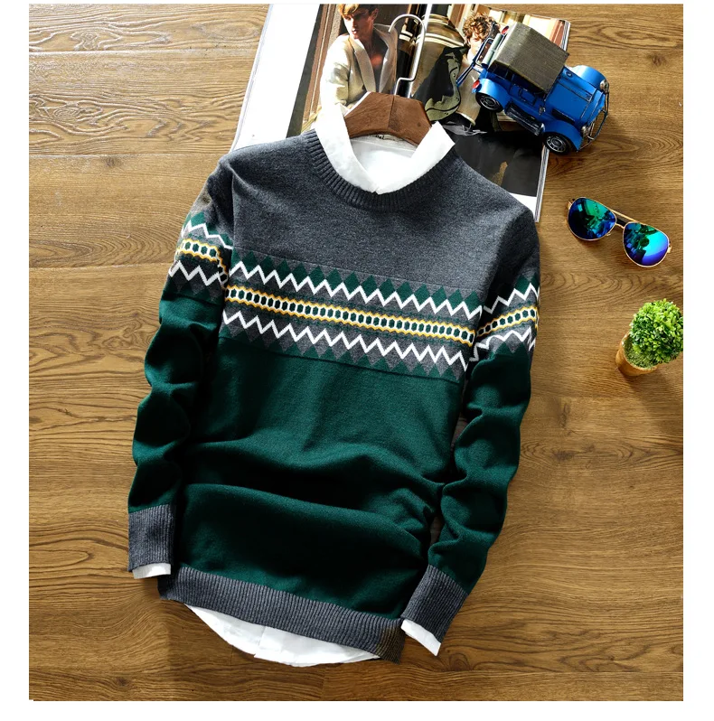 Jers&eacute;is empalmados con cuello redondo para hombre, su&eacute;ter de punto, jerseys de manga larga, holgados e informales a rayas, ligeros el&aacute;sticos, de lana est&aacute;ndar para invierno