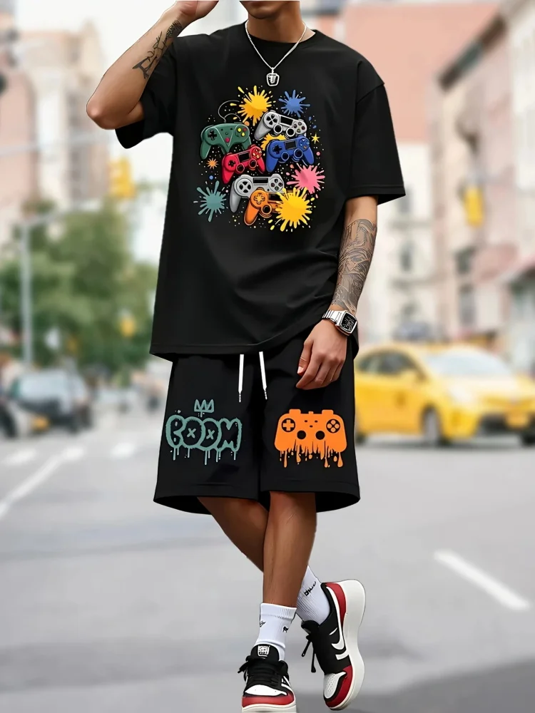 Conjunto de manga corta de manga corta para hombre de manga corta con estampado de oso de dibujos animados de Hip Hop, pantalones cortos casuales de dos piezas de moda callejera urbana al aire libre