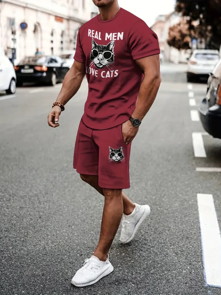 Conjunto de manga corta de manga corta para hombre de manga corta con estampado de oso de dibujos animados de Hip Hop, pantalones cortos casuales de dos piezas de moda callejera urbana al aire libre