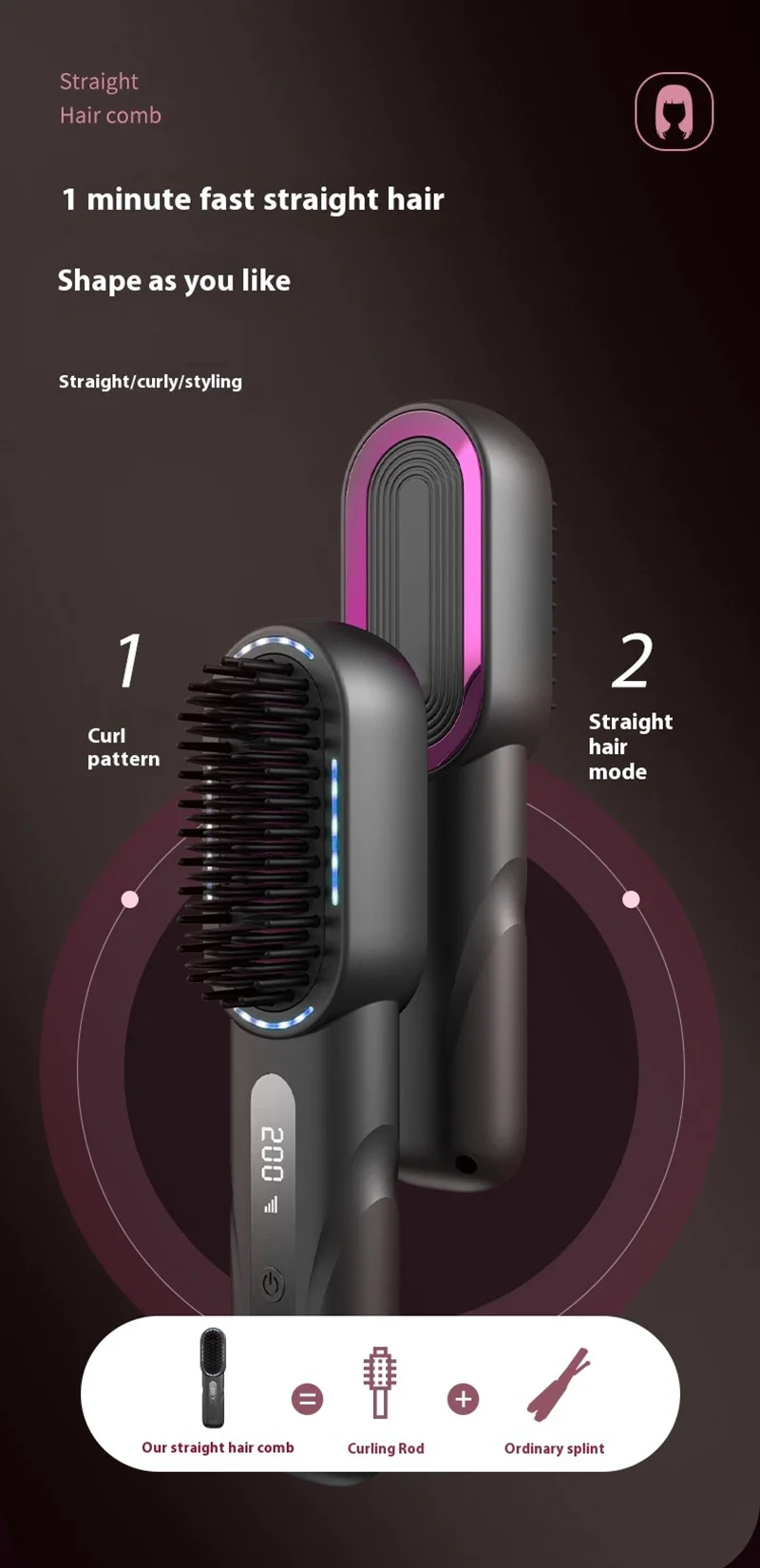 Peine de pelo rizado recto inal&aacute;mbrico, plancha de pelo de iones negativos con calefacci&oacute;n, cepillos el&eacute;ctricos para el cuidado del cabello antiescaldado recargables