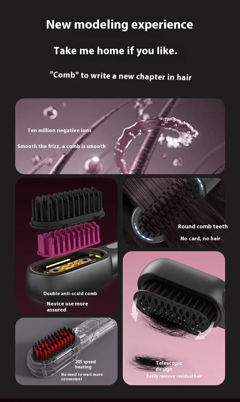 Peine de pelo rizado recto inal&aacute;mbrico, plancha de pelo de iones negativos con calefacci&oacute;n, cepillos el&eacute;ctricos para el cuidado del cabello antiescaldado recargables