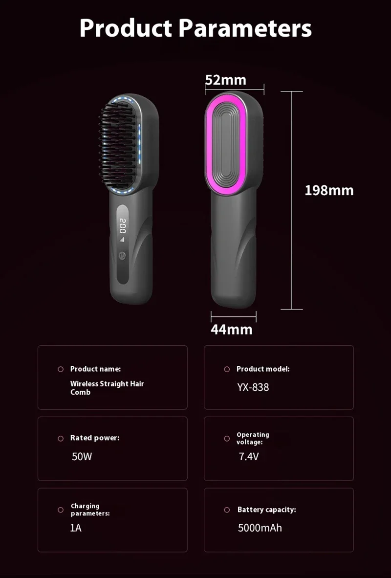 Peine de pelo rizado recto inal&aacute;mbrico, plancha de pelo de iones negativos con calefacci&oacute;n, cepillos el&eacute;ctricos para el cuidado del cabello antiescaldado recargables
