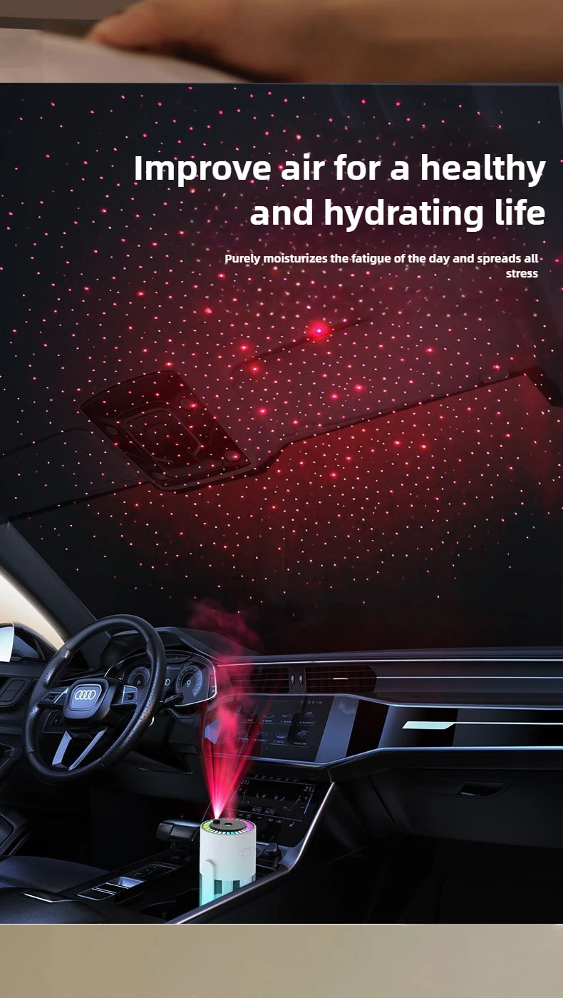 Humidificador de proyecci&oacute;n de cielo estrellado creativo, Mini humidificador de aire giratorio para coche con luz LED, difusor de Aroma el&eacute;ctrico USB para dormitorio