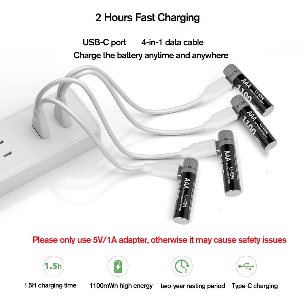 Kuugro Li-ion AAA y pilas recargables AA USB iones de litio 3400mWh 1,5 V AA bater&iacute;as recargables + bater&iacute;a AAA de 1100mWh 1,5 V