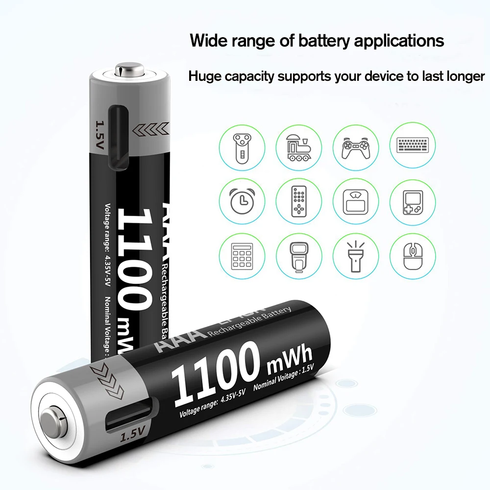 Kuugro Li-ion AAA y pilas recargables AA USB iones de litio 3400mWh 1,5 V AA bater&iacute;as recargables + bater&iacute;a AAA de 1100mWh 1,5 V