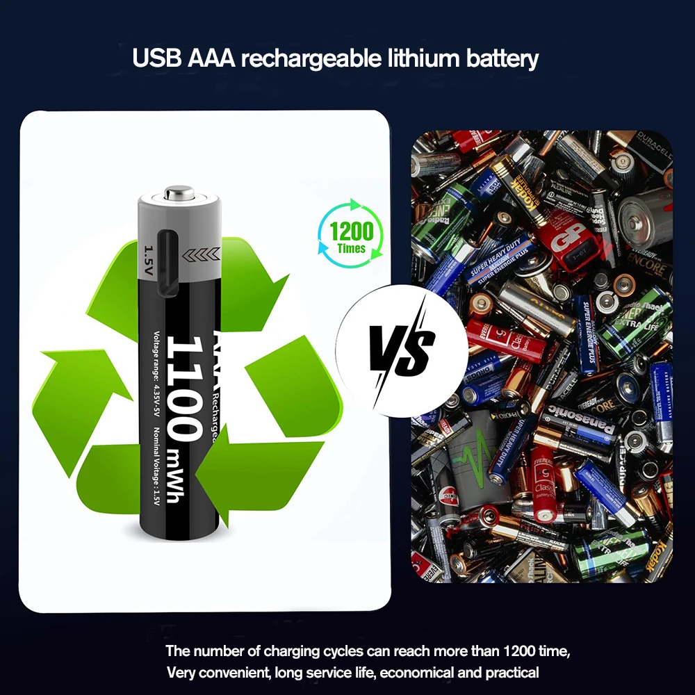 Kuugro Li-ion AAA y pilas recargables AA USB iones de litio 3400mWh 1,5 V AA bater&iacute;as recargables + bater&iacute;a AAA de 1100mWh 1,5 V