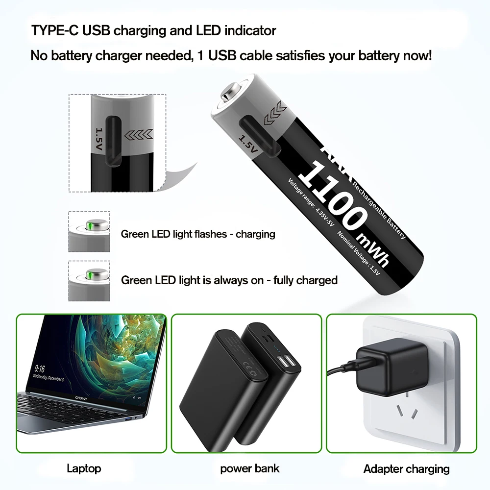 Kuugro Li-ion AAA y pilas recargables AA USB iones de litio 3400mWh 1,5 V AA bater&iacute;as recargables + bater&iacute;a AAA de 1100mWh 1,5 V