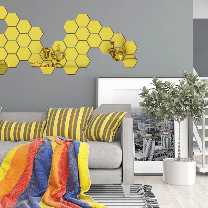 6/12 Uds. Adhesivo de pared con espejo hexagonal 3D, oro rosa, bricolaje, fondo de TV, pegatinas para el sal&oacute;n, decoraci&oacute;n de pared, dormitorio, ba&ntilde;o, decoraci&oacute;n del hogar