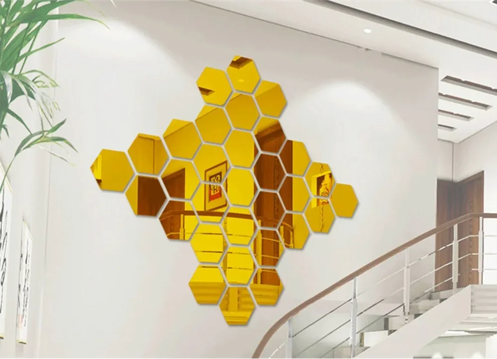 6/12 Uds. Adhesivo de pared con espejo hexagonal 3D, oro rosa, bricolaje, fondo de TV, pegatinas para el sal&oacute;n, decoraci&oacute;n de pared, dormitorio, ba&ntilde;o, decoraci&oacute;n del hogar