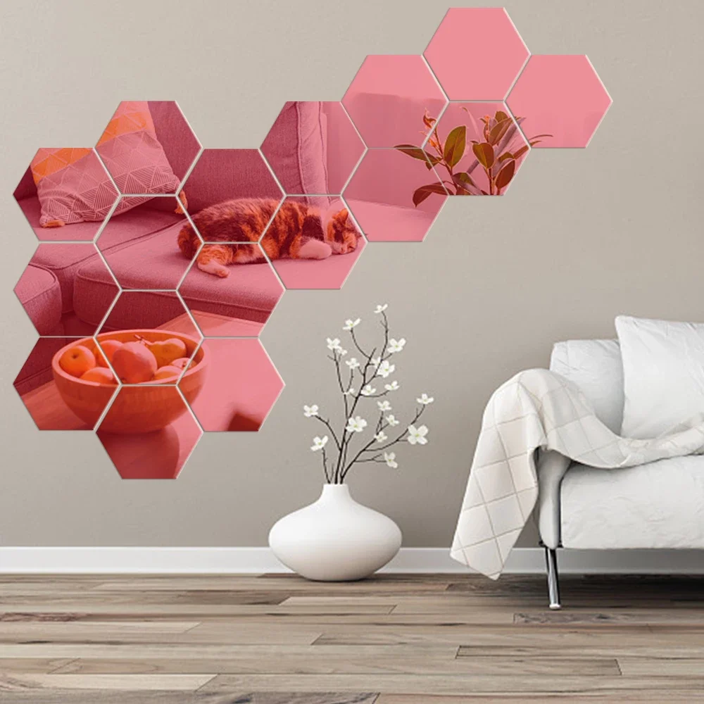6/12 Uds. Adhesivo de pared con espejo hexagonal 3D, oro rosa, bricolaje, fondo de TV, pegatinas para el sal&oacute;n, decoraci&oacute;n de pared, dormitorio, ba&ntilde;o, decoraci&oacute;n del hogar