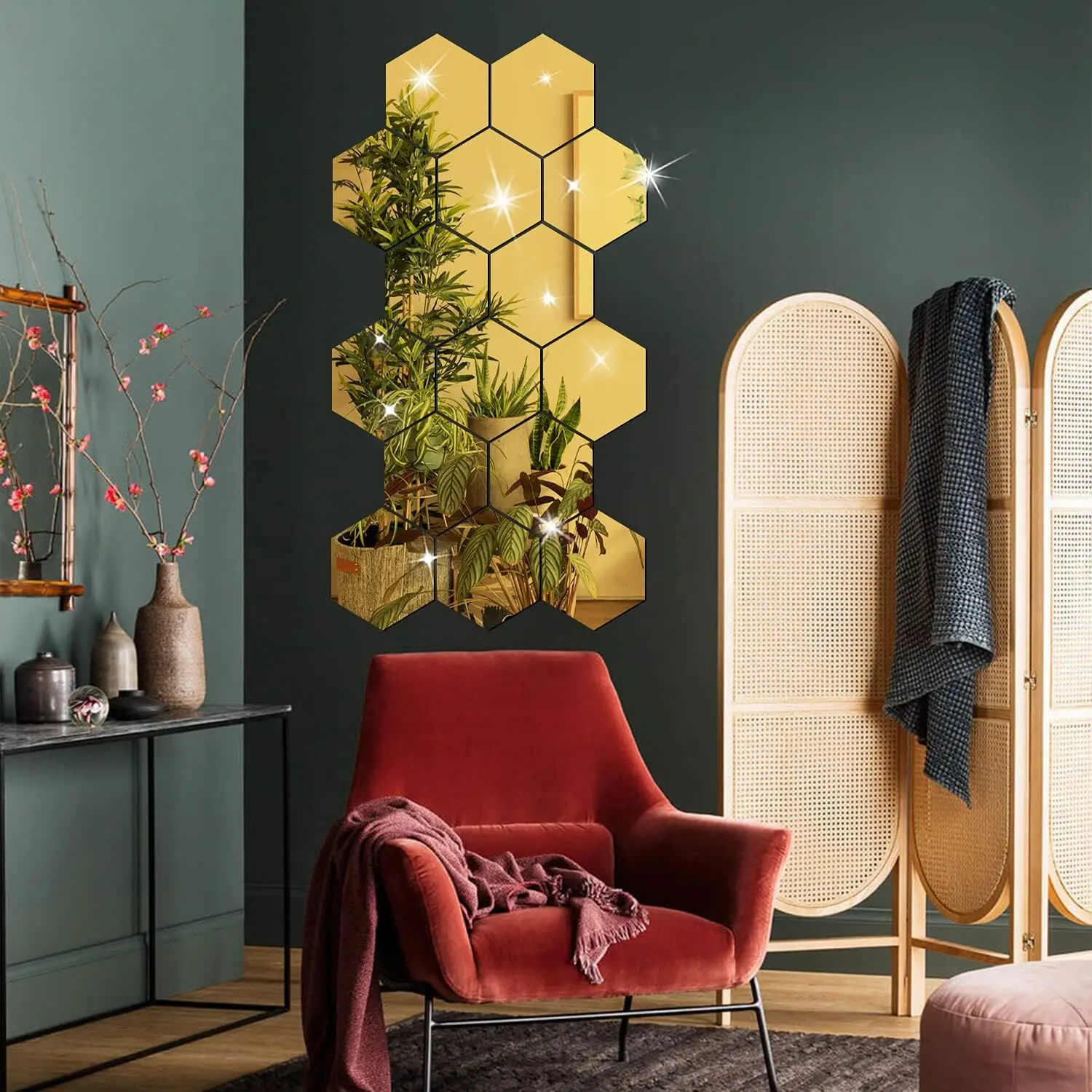 6/12 Uds. Adhesivo de pared con espejo hexagonal 3D, oro rosa, bricolaje, fondo de TV, pegatinas para el sal&oacute;n, decoraci&oacute;n de pared, dormitorio, ba&ntilde;o, decoraci&oacute;n del hogar