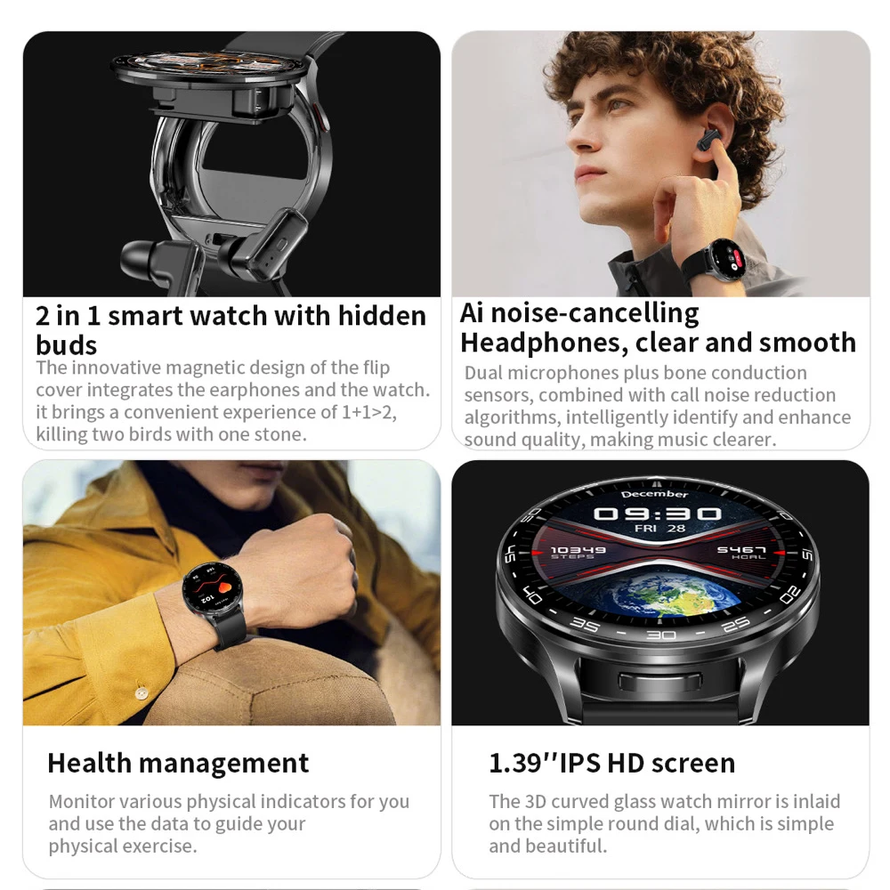 2 en 1 TWS auriculares reloj inteligente 1,39 “hombres mujeres deporte Fitness ritmo cardíaco salud relojes auriculares reducción de ruido música Smartwatch 2 en 1 TWS auriculares reloj inteligente 1,39