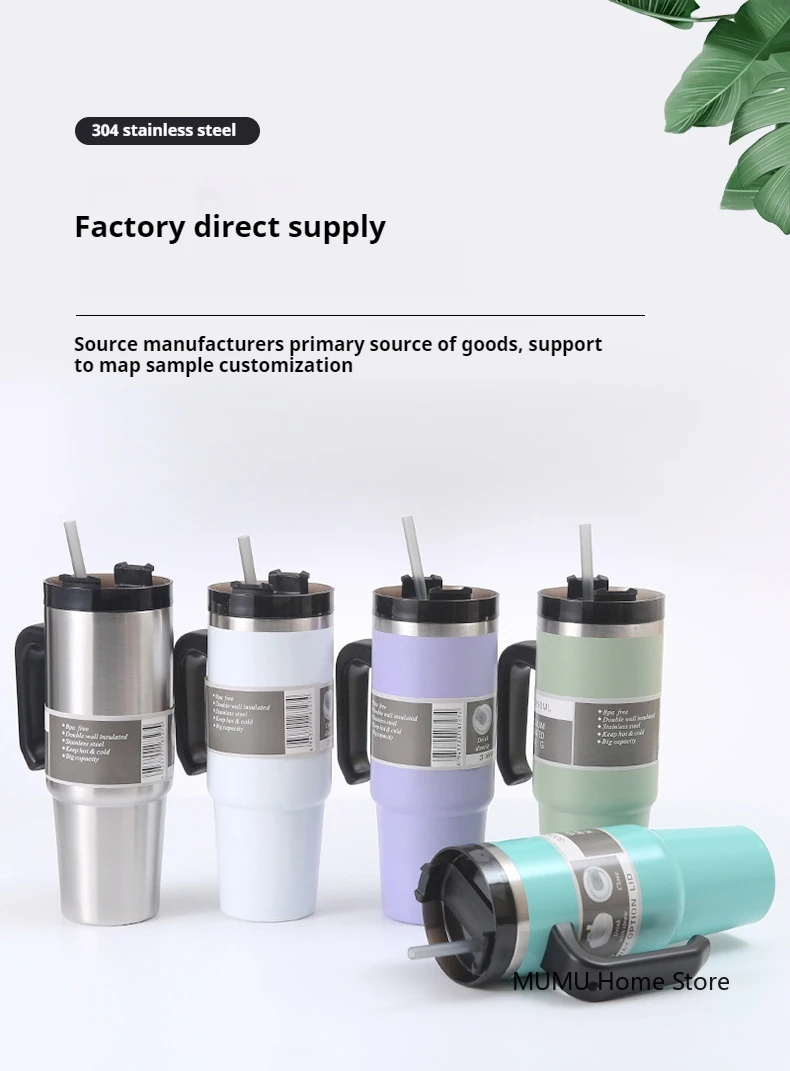 Botella Termo de acero inoxidable para coche, botella de agua deportiva de viaje, gran capacidad con asa, taza de paja, taza de caf&eacute; al aire libre, 20oz/30oz