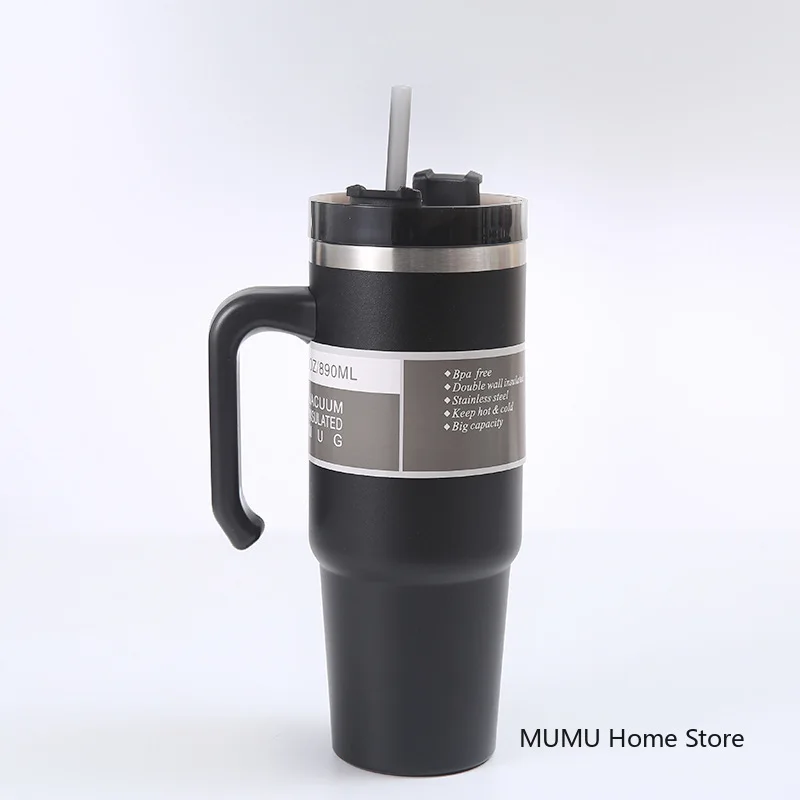 Botella Termo de acero inoxidable para coche, botella de agua deportiva de viaje, gran capacidad con asa, taza de paja, taza de caf&eacute; al aire libre, 20oz/30oz