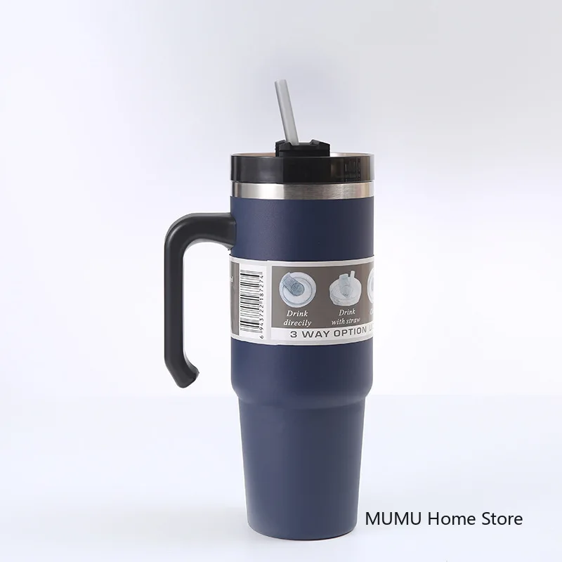 Botella Termo de acero inoxidable para coche, botella de agua deportiva de viaje, gran capacidad con asa, taza de paja, taza de caf&eacute; al aire libre, 20oz/30oz