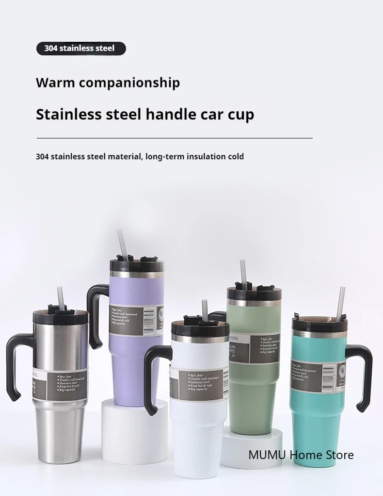 Botella Termo de acero inoxidable para coche, botella de agua deportiva de viaje, gran capacidad con asa, taza de paja, taza de caf&eacute; al aire libre, 20oz/30oz