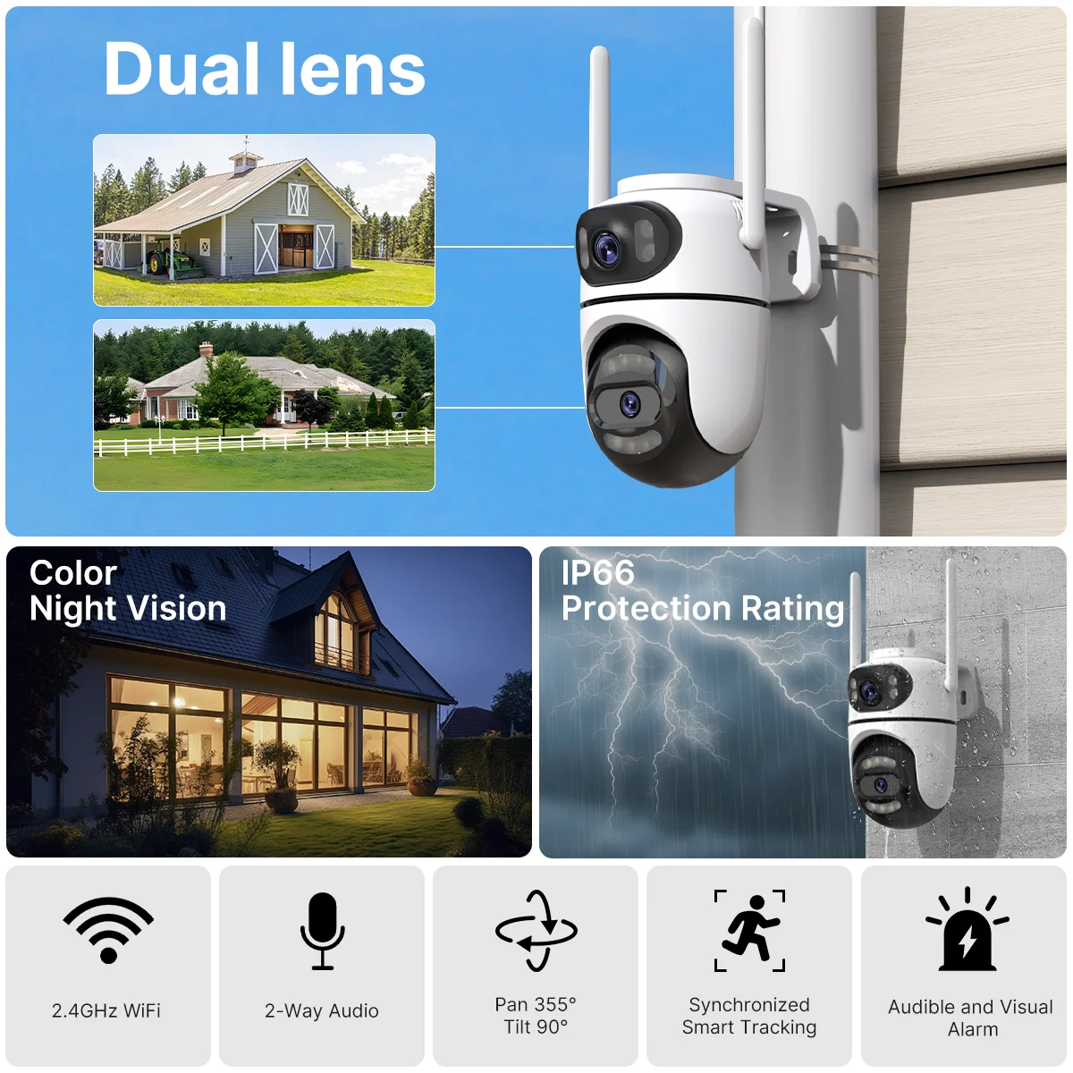 C&aacute;mara PTZ de 8MP, 4K, HD, Wifi, aplicaci&oacute;n iCsee, lente Dual, pantallas duales, c&aacute;mara IP de videovigilancia, seguimiento Ai, CCTV de seguridad para el hogar al aire libre