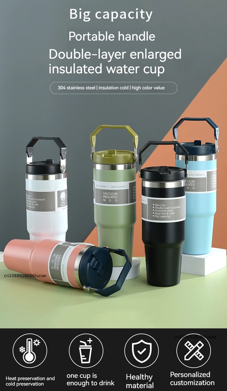 Botella de agua t&eacute;rmica de 20oz/30oz con pajita, taza de caf&eacute; de acero inoxidable para coche, mantiene el fr&iacute;o y el calor, taza t&eacute;rmica, frascos de vac&iacute;o