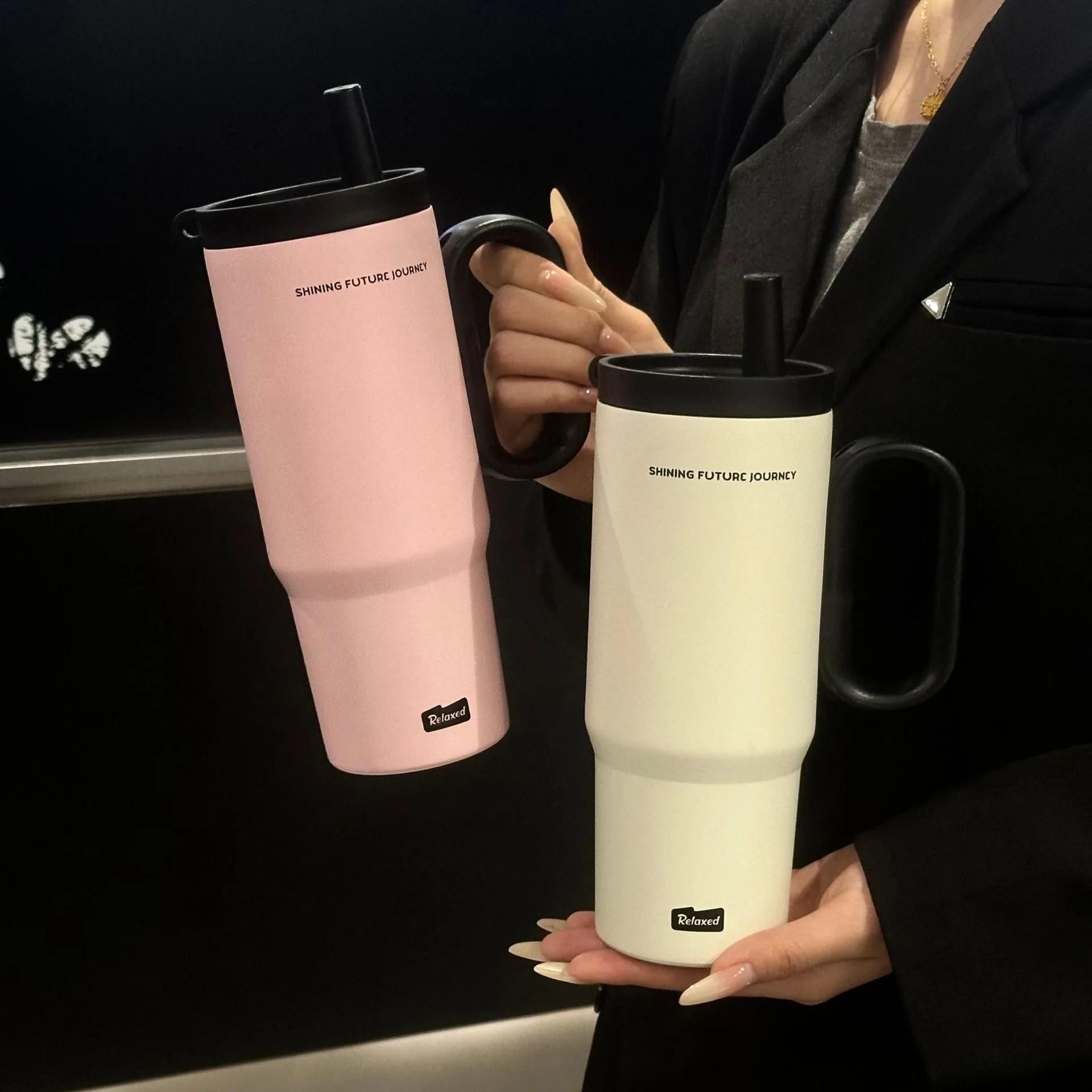 Taza Termo de acero inoxidable de 720ML con pajita y asa, bebida de caf&eacute; helado, taza aislada al vac&iacute;o, botella de agua para viaje al aire libre en coche
