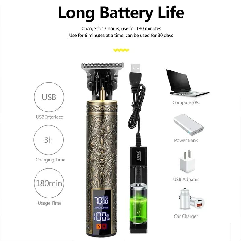 Cortadora de peluquero USB 2025 - Kit de cortadora de pelo recargable inalámbrico/LCD de 0 mm de grado profesional con cortadora de pelo con diseño de dragón/buda Cortadora de peluquero USB 2025 - Kit de cortadora de pelo recargable inalámbrico/LCD de 0 mm de grado profesional con cortadora de pelo con diseño de dragón/buda