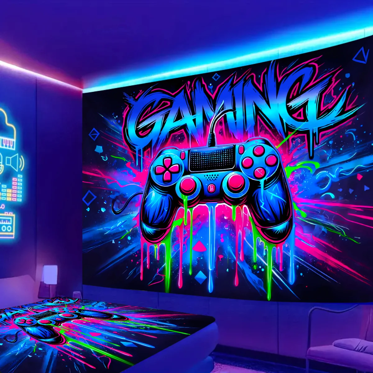 VIKAMA-tapiz de ne&oacute;n para videojuegos, mango de ilusi&oacute;n, Graffiti degradado, decoraci&oacute;n en vivo para dormitorio, decoraci&oacute;n de sala de juegos de estilo Cyberpunk