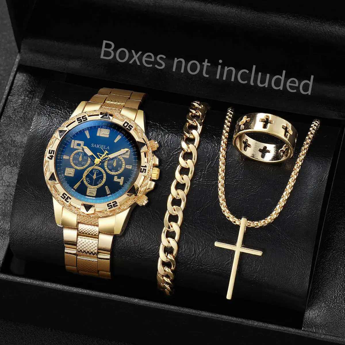 4 unids/set de relojes de acero inoxidable a la moda para Hombre, Reloj de pulsera de cuarzo de lujo, conjunto de joyer&iacute;a para Hombre (caja no incluida)