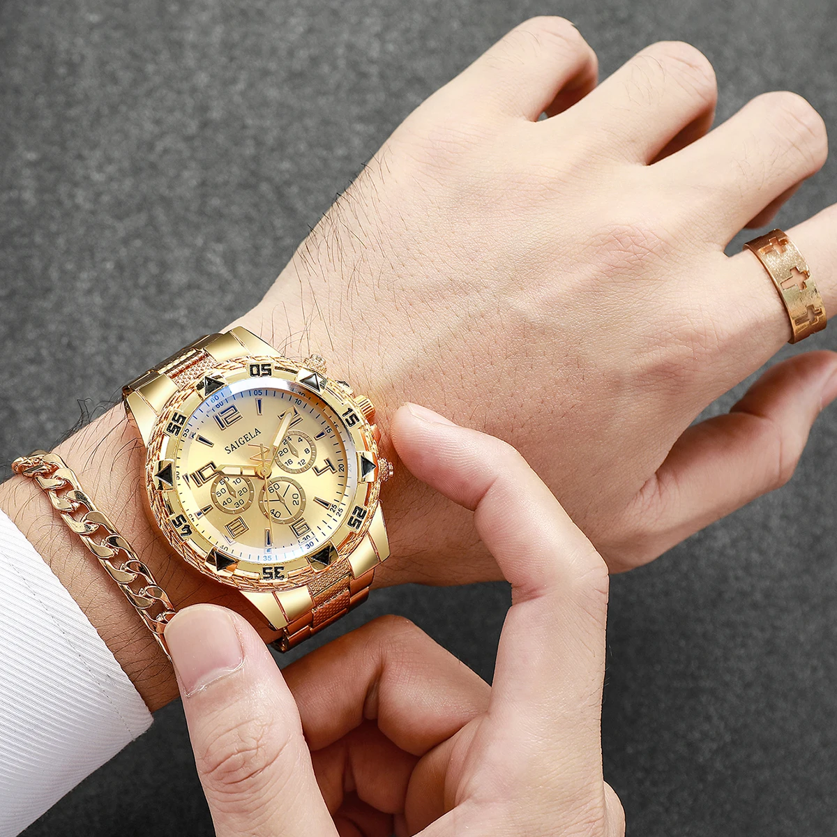 4 unids/set de relojes de acero inoxidable a la moda para Hombre, Reloj de pulsera de cuarzo de lujo, conjunto de joyer&iacute;a para Hombre (caja no incluida)