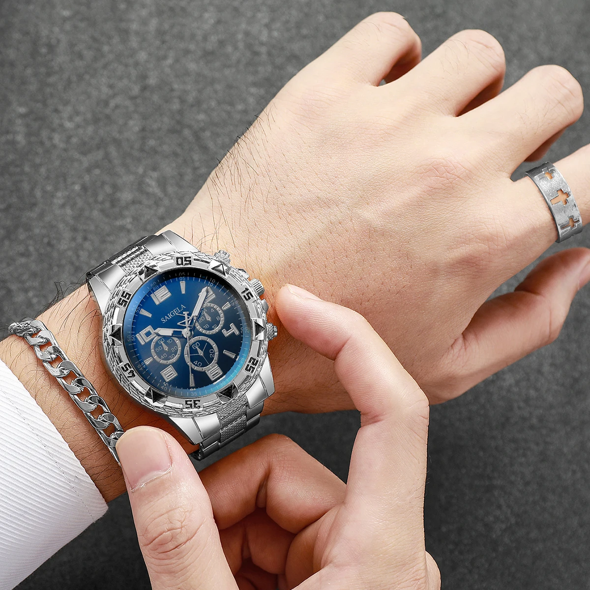 4 unids/set de relojes de acero inoxidable a la moda para Hombre, Reloj de pulsera de cuarzo de lujo, conjunto de joyer&iacute;a para Hombre (caja no incluida)