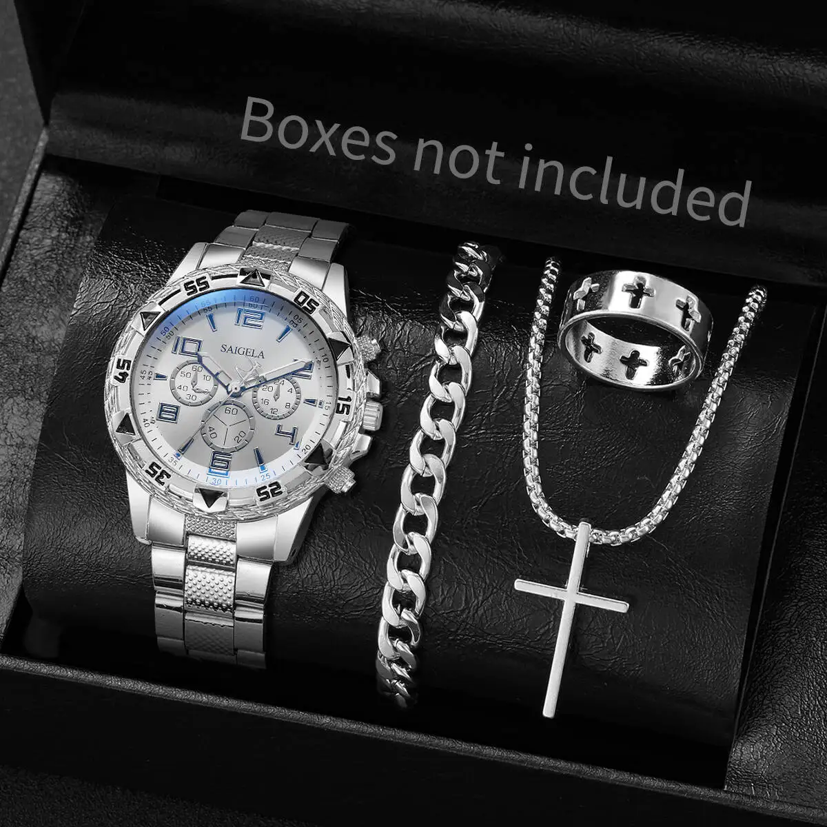 4 unids/set de relojes de acero inoxidable a la moda para Hombre, Reloj de pulsera de cuarzo de lujo, conjunto de joyer&iacute;a para Hombre (caja no incluida)