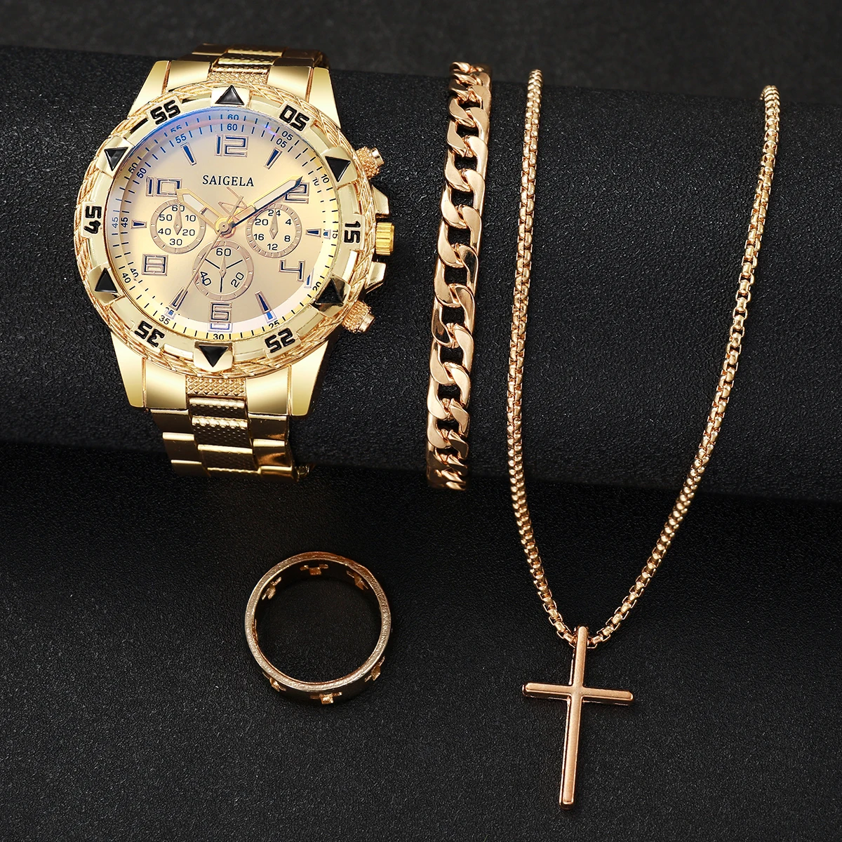 4 unids/set de relojes de acero inoxidable a la moda para Hombre, Reloj de pulsera de cuarzo de lujo, conjunto de joyer&iacute;a para Hombre (caja no incluida)