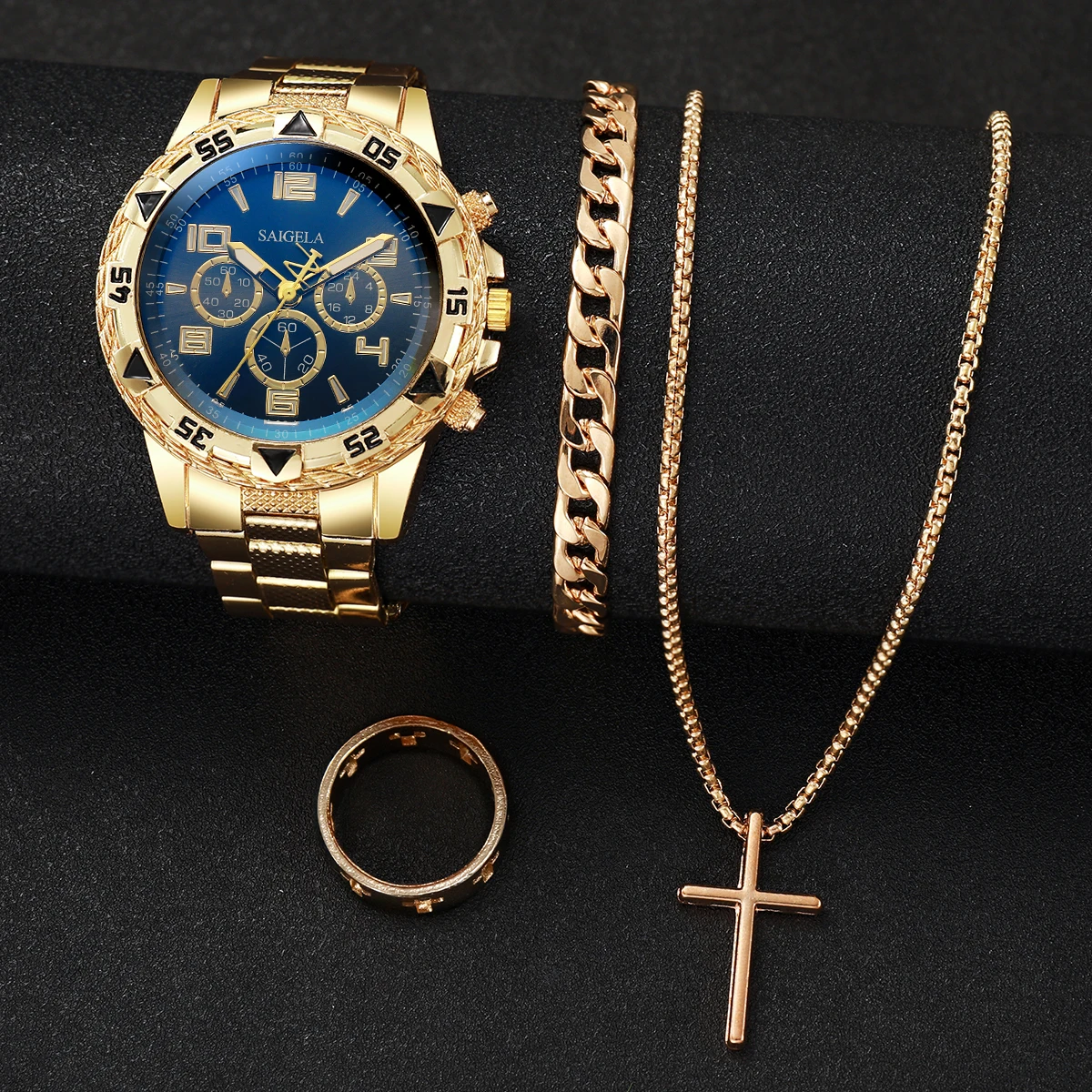 4 unids/set de relojes de acero inoxidable a la moda para Hombre, Reloj de pulsera de cuarzo de lujo, conjunto de joyer&iacute;a para Hombre (caja no incluida)