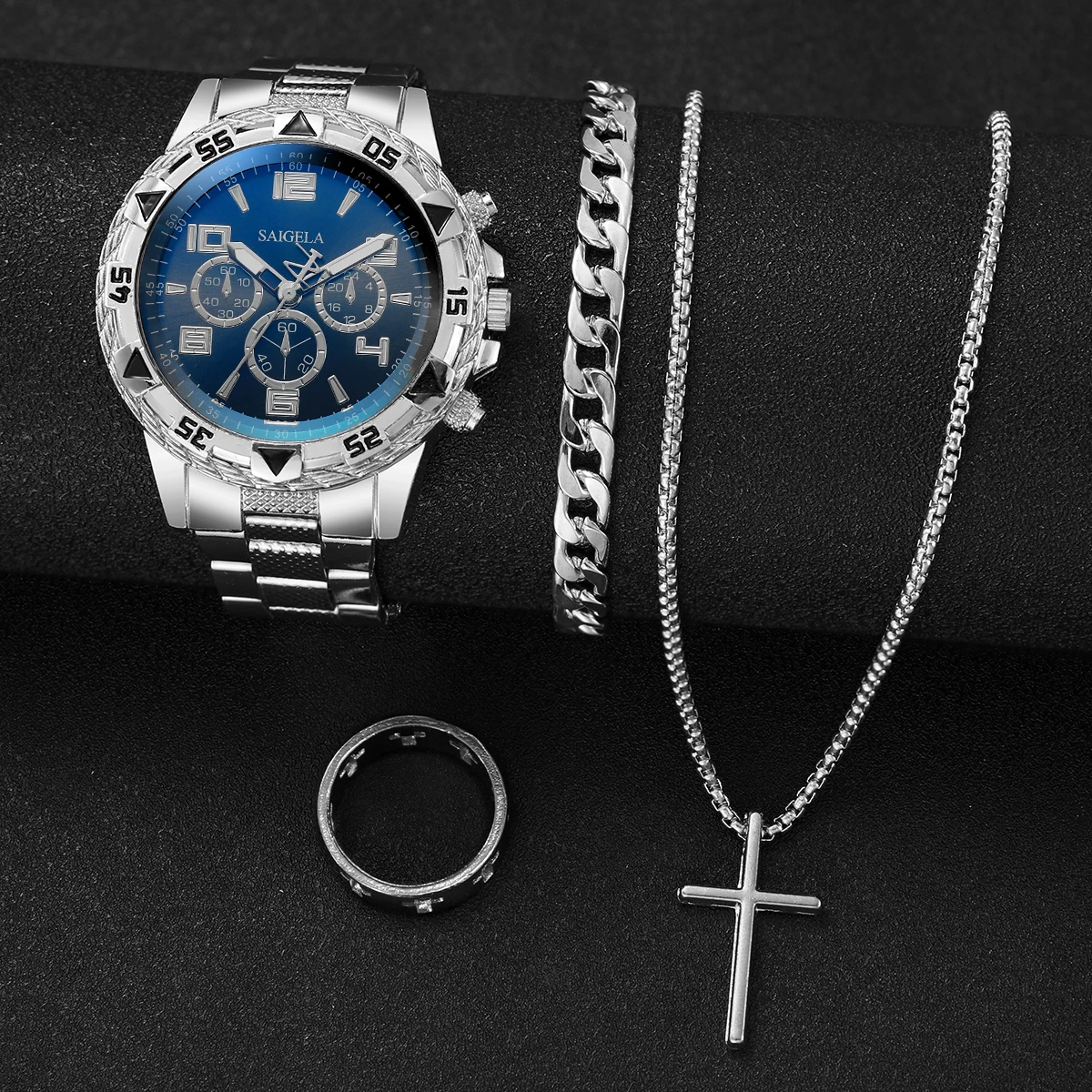4 unids/set de relojes de acero inoxidable a la moda para Hombre, Reloj de pulsera de cuarzo de lujo, conjunto de joyer&iacute;a para Hombre (caja no incluida)