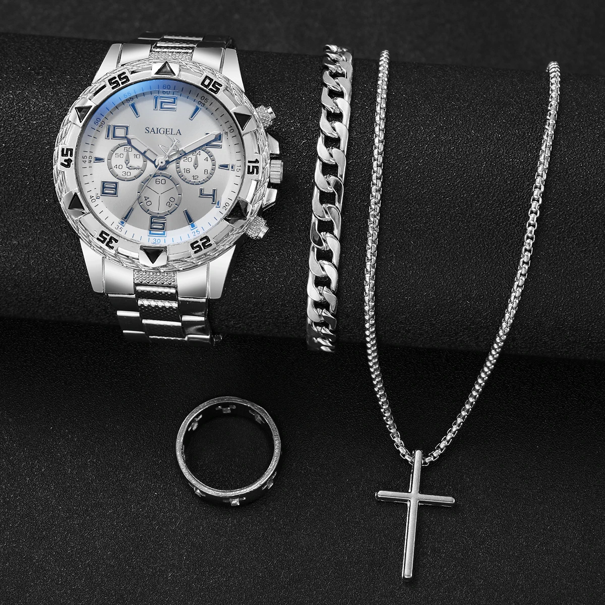 4 unids/set de relojes de acero inoxidable a la moda para Hombre, Reloj de pulsera de cuarzo de lujo, conjunto de joyer&iacute;a para Hombre (caja no incluida)