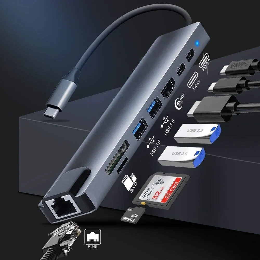 Hub USB 3,0 para ordenador portátil, adaptador para PC, estación de carga PD, RJ45, compatible con HDMI, tarjeta TF/SD, divisor tipo C para portátil Hub USB 3,0 para ordenador portátil, adaptador para PC, estación de carga PD, RJ45, compatible con HDMI, tarjeta TF/SD, divisor tipo C para portátil