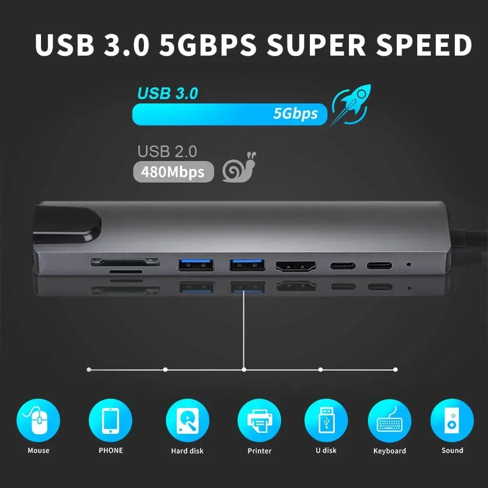 Hub USB 3,0 para ordenador portátil, adaptador para PC, estación de carga PD, RJ45, compatible con HDMI, tarjeta TF/SD, divisor tipo C para portátil Hub USB 3,0 para ordenador portátil, adaptador para PC, estación de carga PD, RJ45, compatible con HDMI, tarjeta TF/SD, divisor tipo C para portátil