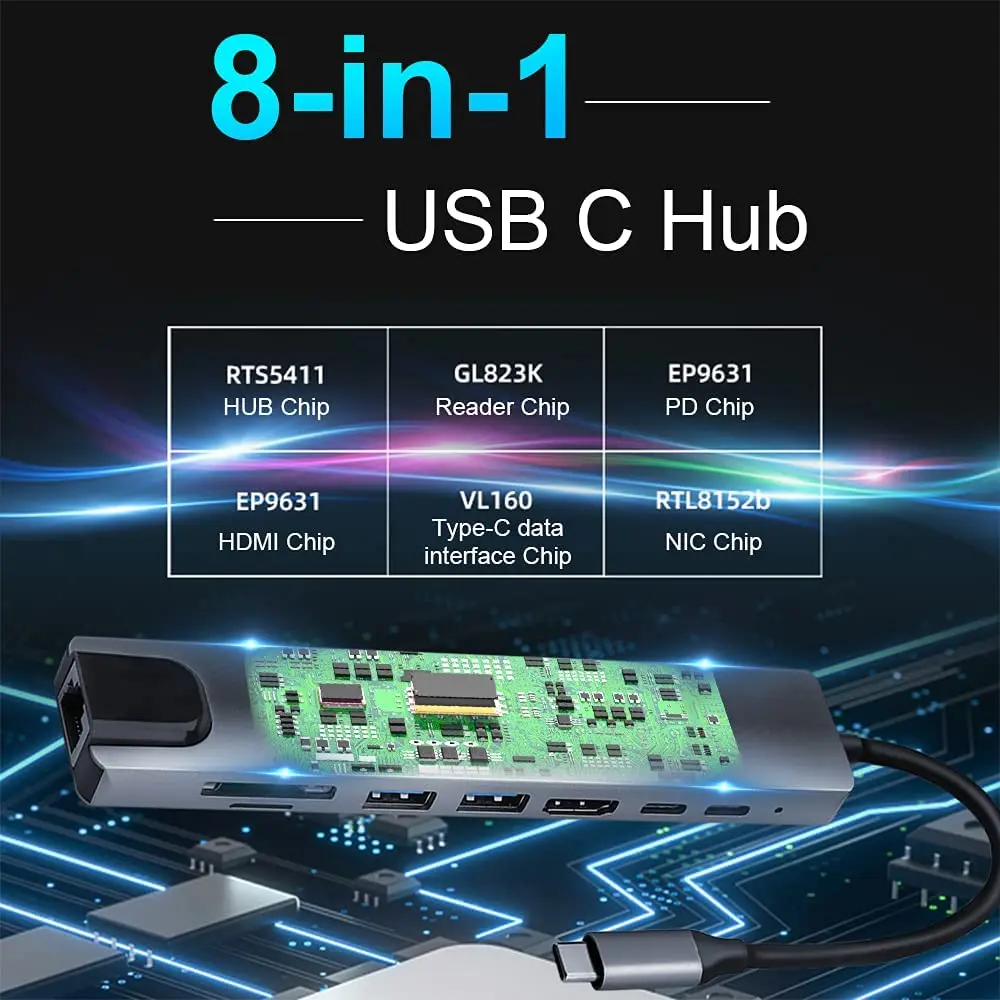 Hub USB 3,0 para ordenador portátil, adaptador para PC, estación de carga PD, RJ45, compatible con HDMI, tarjeta TF/SD, divisor tipo C para portátil Hub USB 3,0 para ordenador portátil, adaptador para PC, estación de carga PD, RJ45, compatible con HDMI, tarjeta TF/SD, divisor tipo C para portátil