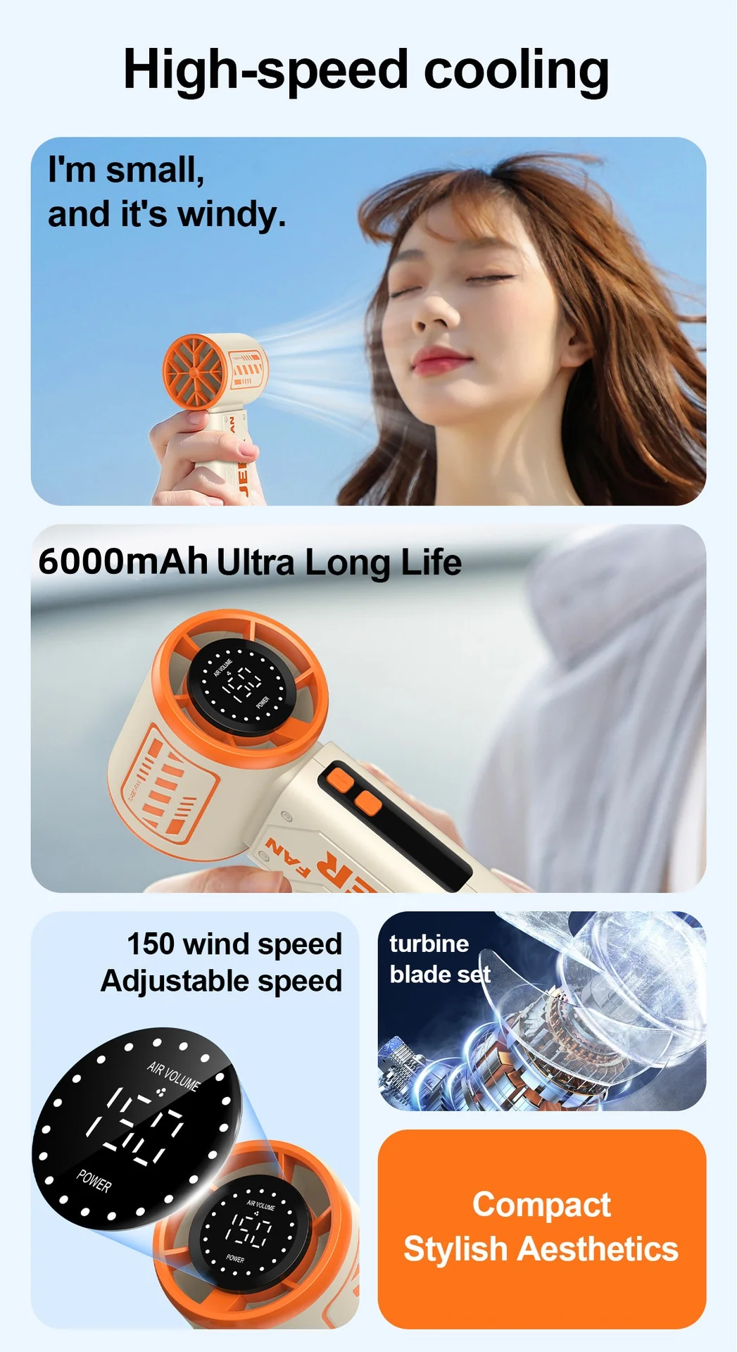Ventilador Port&aacute;til de Mano BAOTAI - Ventilador Turbo Port&aacute;til con 150 Velocidades de Viento, 3600mAh y Carga USB Tipo-C