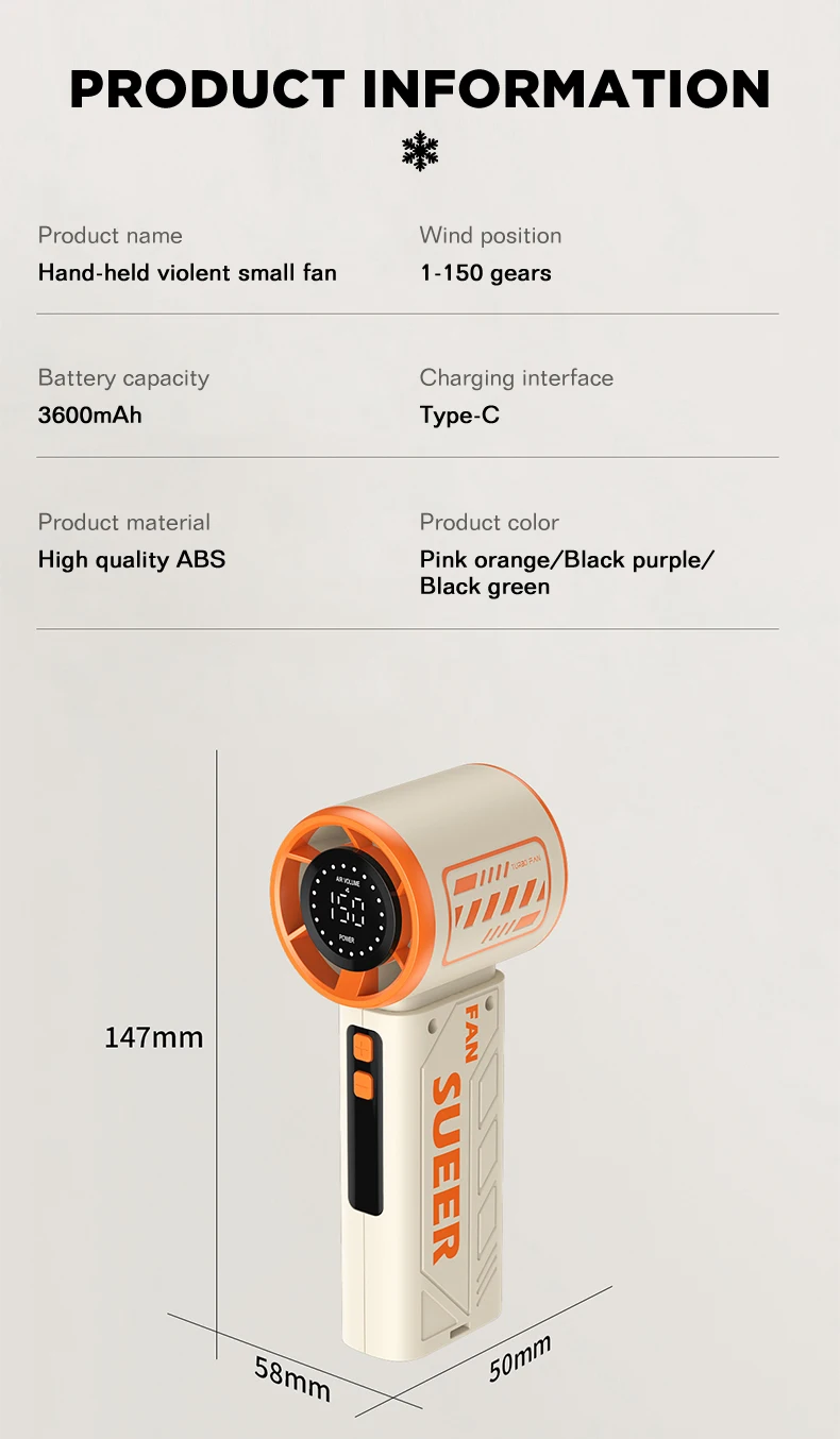 Ventilador Port&aacute;til de Mano BAOTAI - Ventilador Turbo Port&aacute;til con 150 Velocidades de Viento, 3600mAh y Carga USB Tipo-C