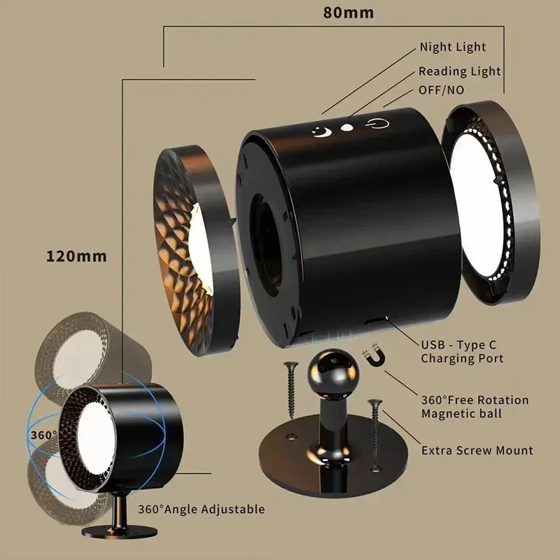 L&aacute;mpara Led de pared de doble cabezal con Control remoto t&aacute;ctil, luz nocturna port&aacute;til inal&aacute;mbrica con recarga USB giratoria 360 para lectura de dormitorio