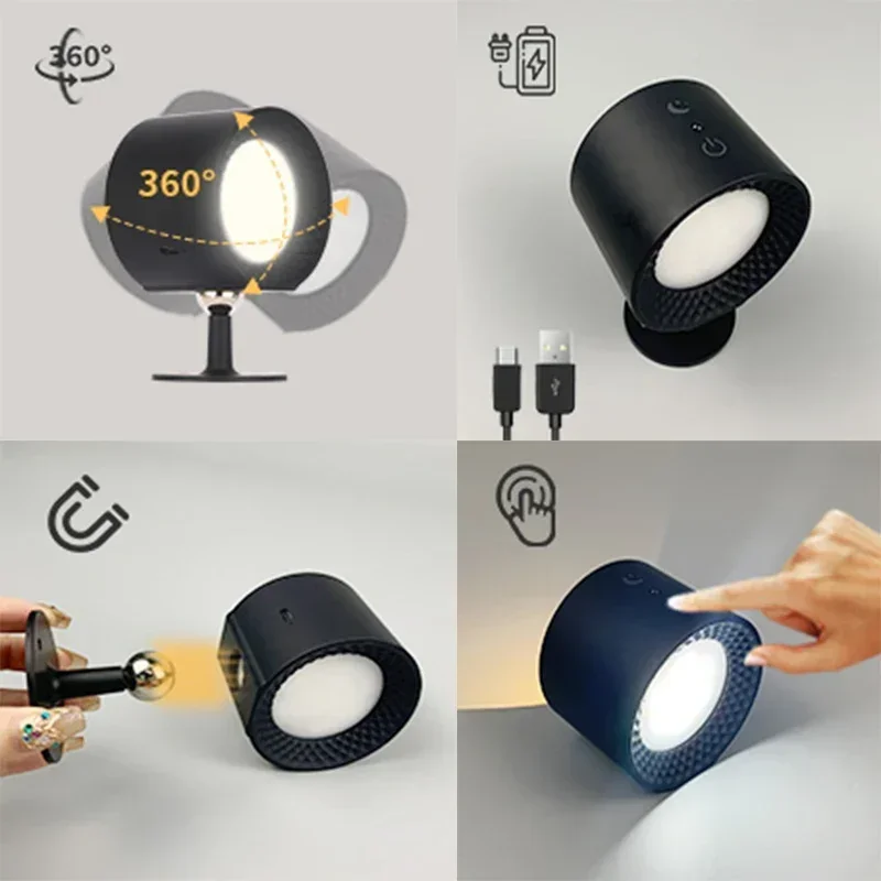 L&aacute;mpara Led de pared de doble cabezal con Control remoto t&aacute;ctil, luz nocturna port&aacute;til inal&aacute;mbrica con recarga USB giratoria 360 para lectura de dormitorio